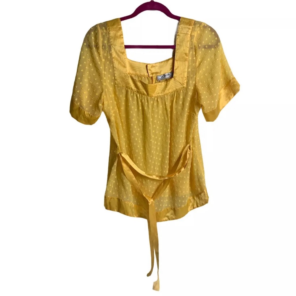 Guess Shirt Women Top Yellow Silk Blouse Large Polka Dot Sash Silky Soft Layers - Picture 3 of 8